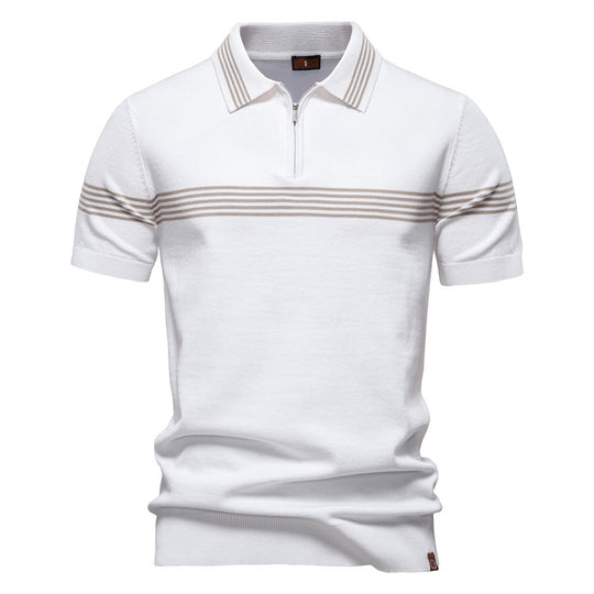 Herren nan edles Feinstrick-Poloshirt mit kurzem Metallreißverschluss, Bündchenärmeln und kontrastierten Streifenbändern R&B