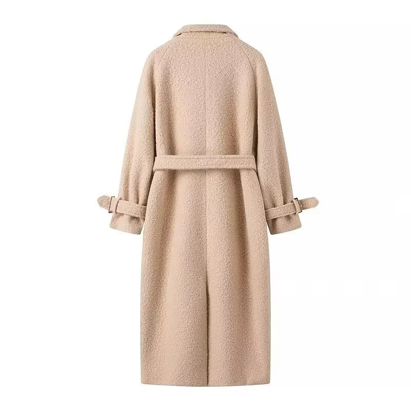 Damen eleganter und kuscheliger Wollmantel mit Gürtel und aufgesetzten Taschen R&B