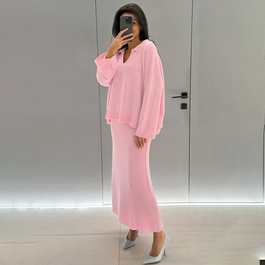Damen Modisches Strick-Ensemble mit weitem Schnitt und tiefem V-Ausschnitt R&B