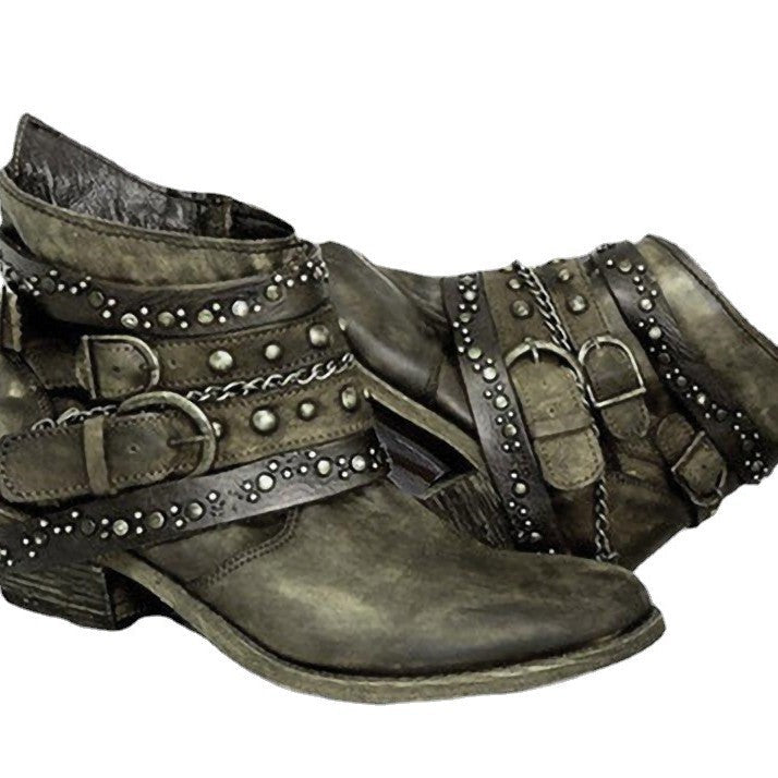 Damen nan knöchelhohe Biker-Stiefelette mit mehreren Nietenriemen, dekorativen Ketten und verstellbaren Schnallen R&B