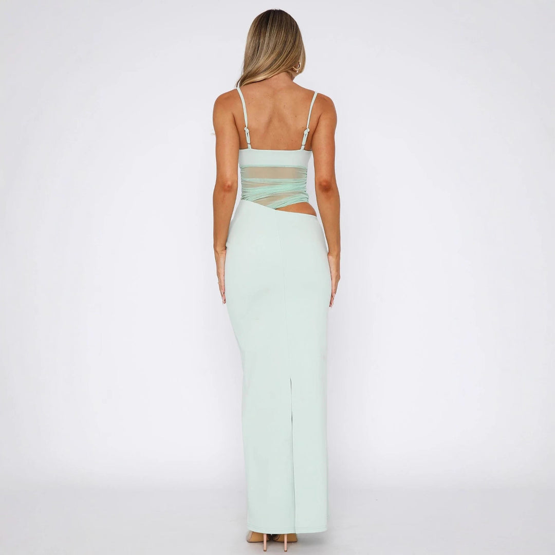 Damen Elegantes Stretch-Maxikleid mit transparenten Einsätzen und spaghetti Trägern R&B