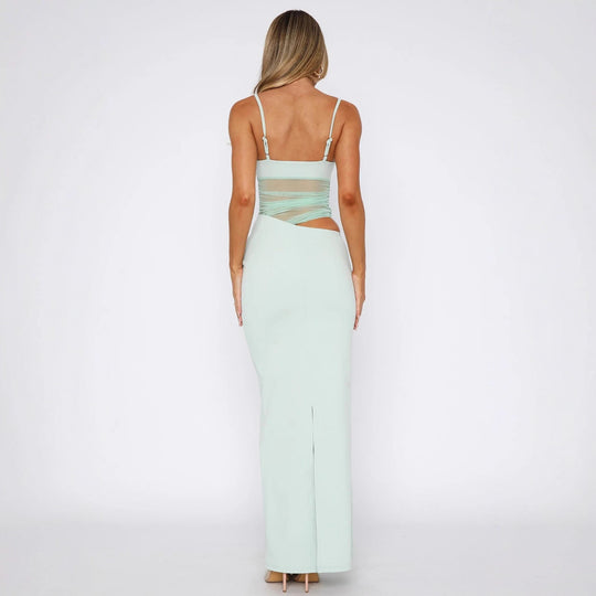 Damen Elegantes Stretch-Maxikleid mit transparenten Einsätzen und spaghetti Trägern R&B