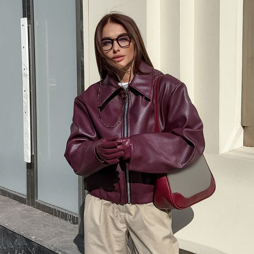 Damen Kunstlederjacke mit weitem Schnitt und feinem Kragen R&B