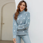 Damen modischer Strickpullover mit Herzmotiv und hohem Kragen