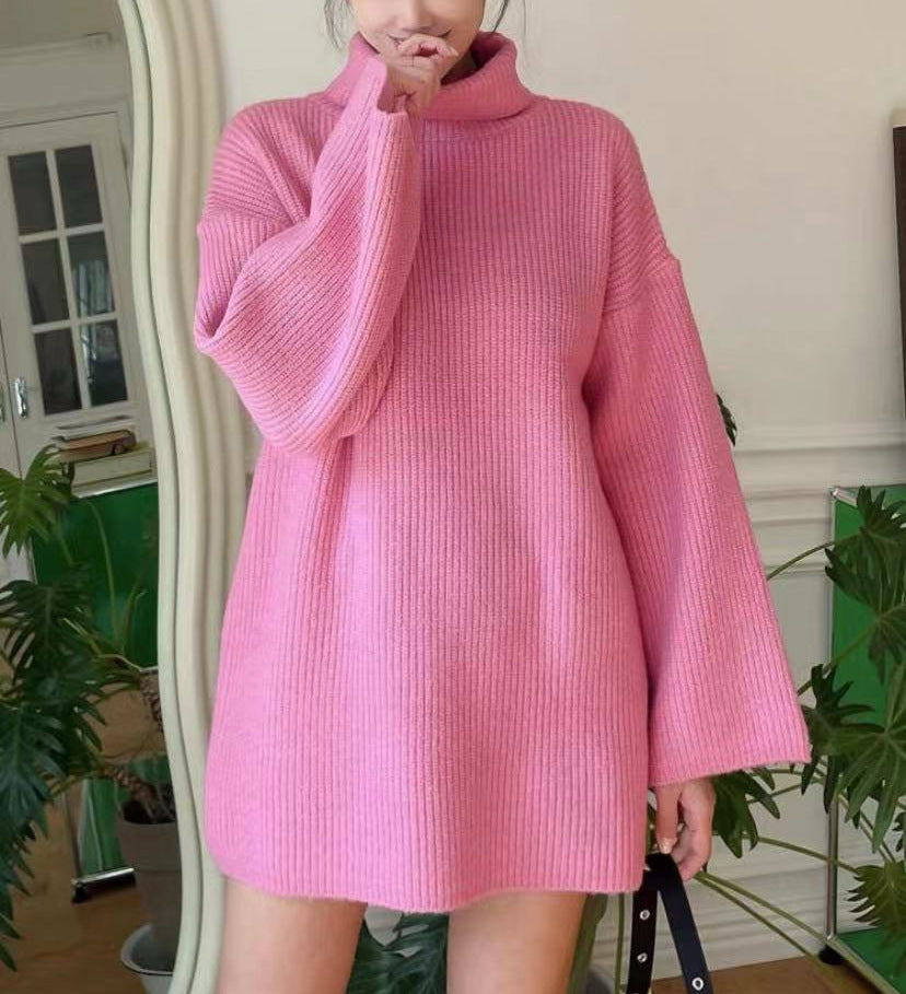 Damen Langer Strickpullover mit hohem Kragen und weit ausgestellten Ärmeln R&B