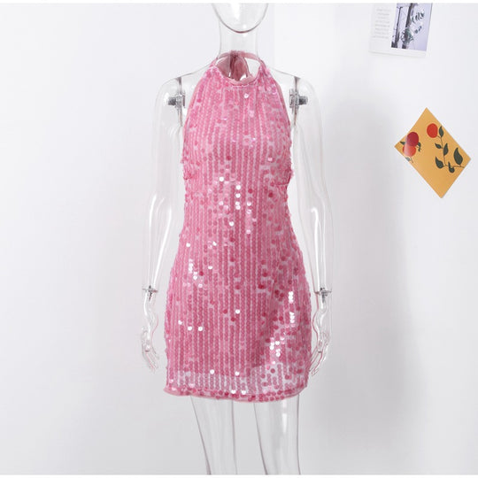Damen Glamouröses Pailletten-Minikleid mit haltem Ausschnitt R&B