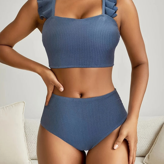Damen Hochgeschnittenes Badeoberteil mit Rüschendetails und passendem Bikini-Unterteil R&B