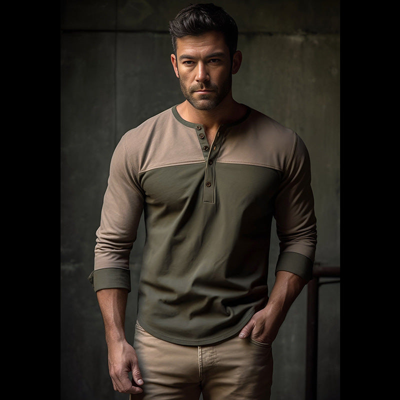 Herren Langarm-Henley-Shirt mit kontrastierenden Farbblockelementen