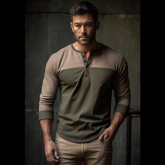 Herren Langarm-Henley-Shirt mit kontrastierenden Farbblockelementen R&B