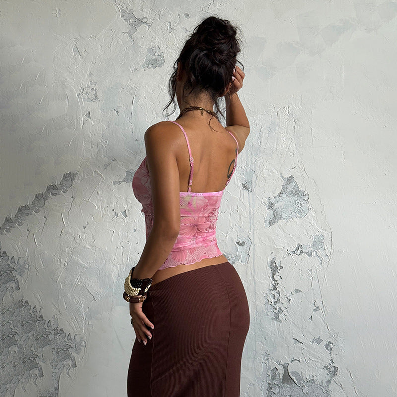 Damen Seidiges Spaghetti-Trägertop mit floralem Design R&B