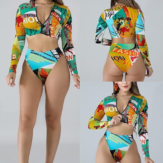 Damen Surf-Bikini-Set mit langärmeligem Oberteil und modischem Reißverschluss R&B