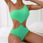Damen Einteiler Badeanzug mit asymmetrischem Schnitt und runder Logo-Applikation R&B