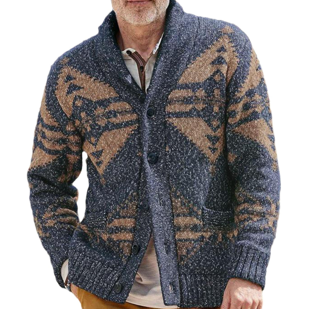 Herren Strickjacke mit einzigartigem geometrischen Muster und tiefem Kragen R&B