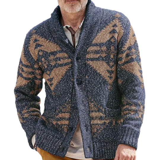 Herren Strickjacke mit einzigartigem geometrischen Muster und tiefem Kragen R&B