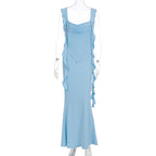 Damen Elegantes Maxi-Kleid mit asymmetrischen Rüschendetails und tiefem V-Ausschnitt R&B