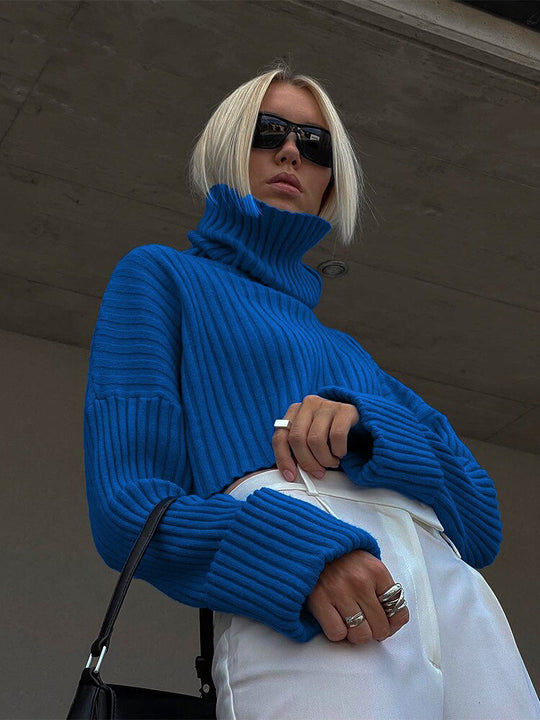 Damen Chunky Strickpullover mit hohem Kragen und Rippstruktur R&B