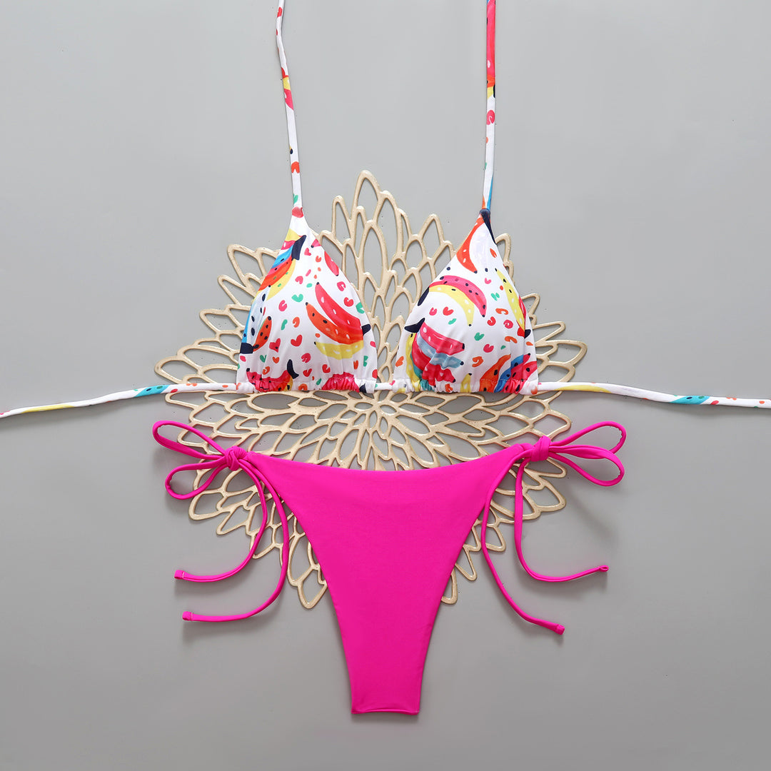 Damen Triangel-Bikini mit buntem Fruchtmuster und femininen Schleifen R&B
