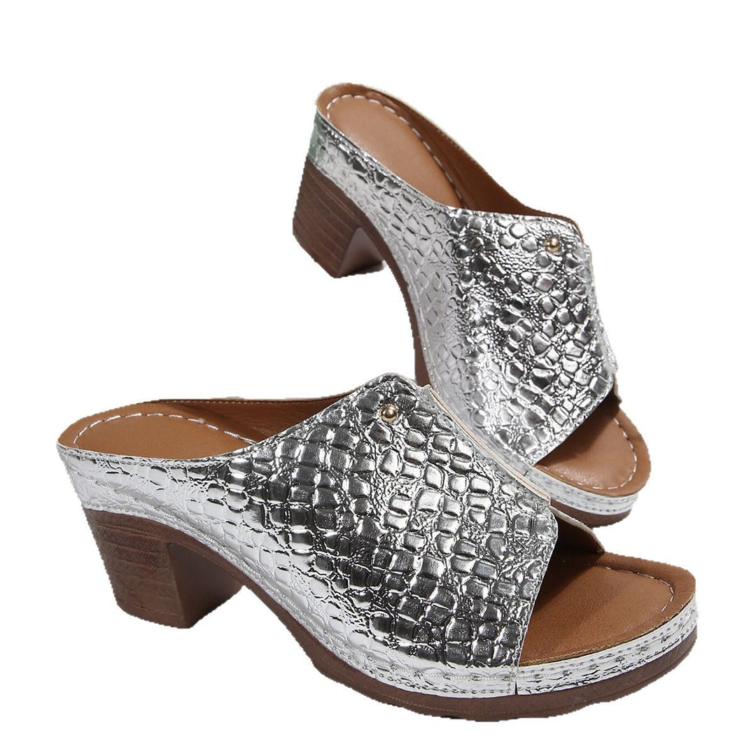 Damen Wedge-Sandaletten mit glänzender Kroko-Optik und komfortablem Blockabsatz R&B