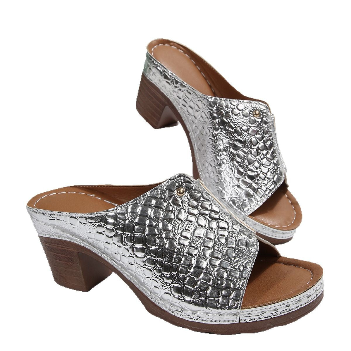 Damen Wedge-Sandaletten mit glänzender Kroko-Optik und komfortablem Blockabsatz R&B