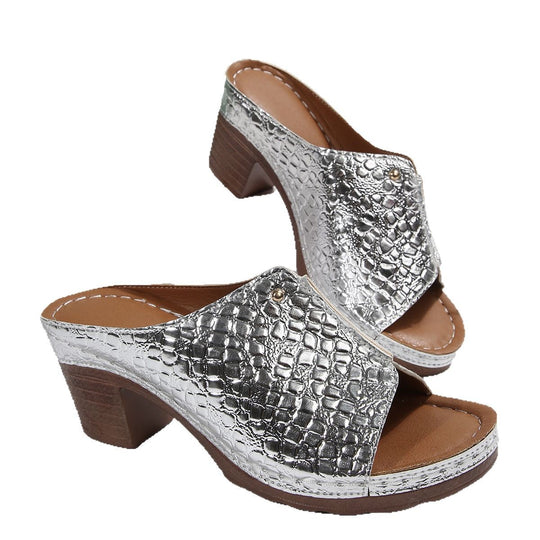Damen Wedge-Sandaletten mit glänzender Kroko-Optik und komfortablem Blockabsatz R&B