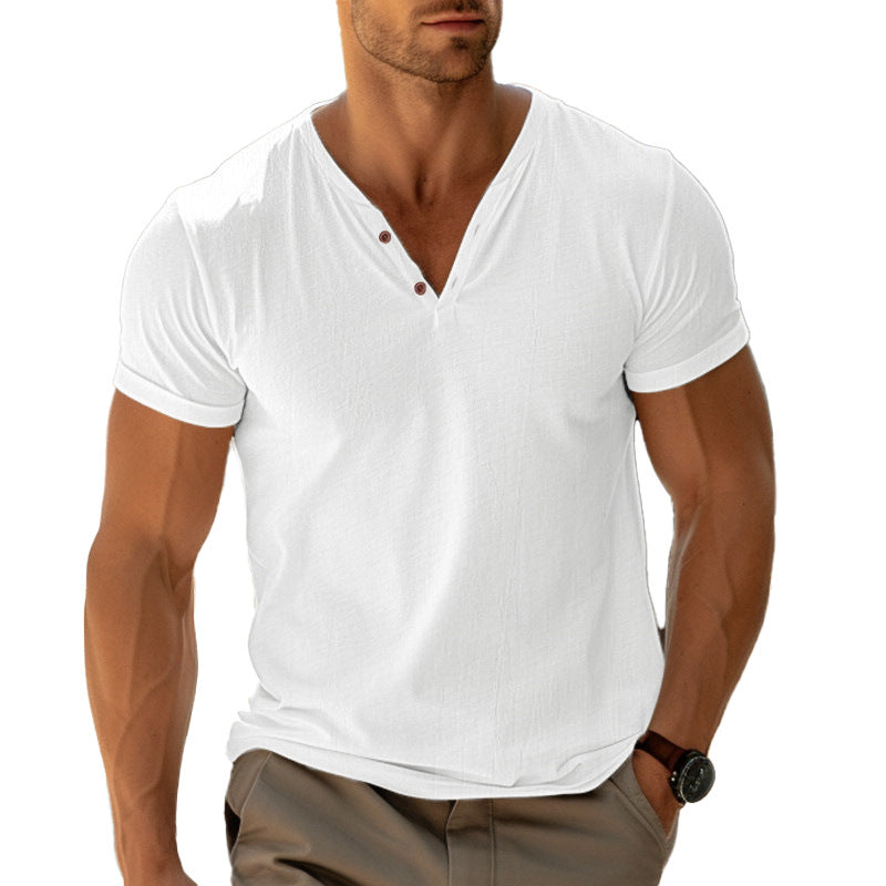 Herren nan tailliertes Henley-T-Shirt mit V-Ausschnitt kurzer Knopfleiste und krempelbaren Ärmeln R&B