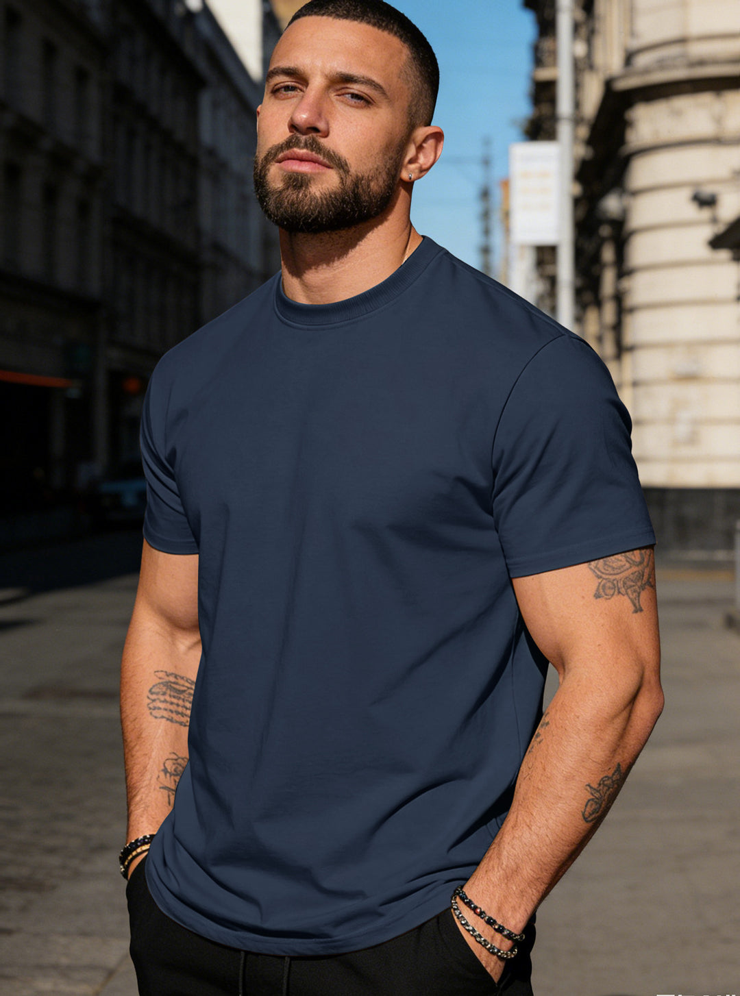 Herren nan körperbetontes hochwertiges Baumwollshirt mit Rundhalsausschnitt R&B