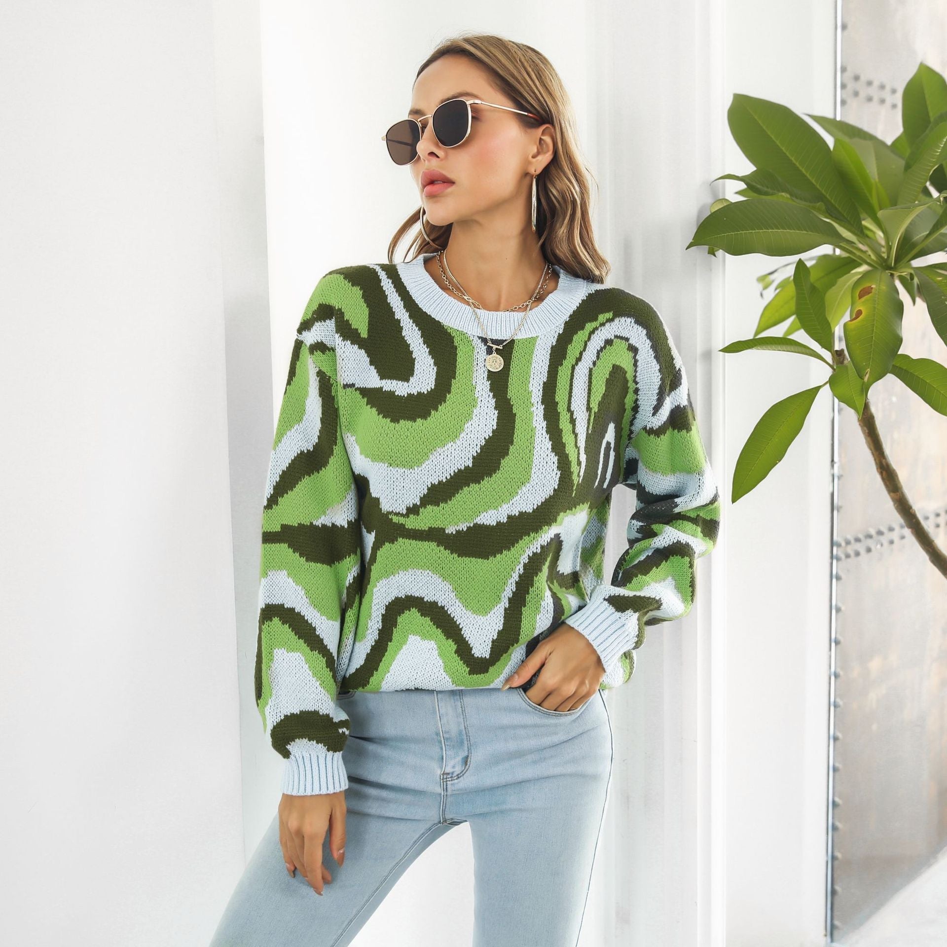 Damen lässiger Pullover mit einzigartigem Wellenmuster R&B