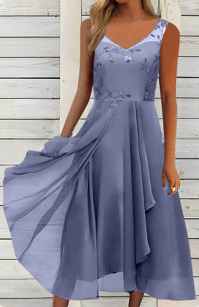 Damen nan A-Linien-Chiffonkleid mit floralem Stickoberteil, V-Ausschnitt, drapiertem Godet-Schwung und verdeckten Seitentaschen R&B