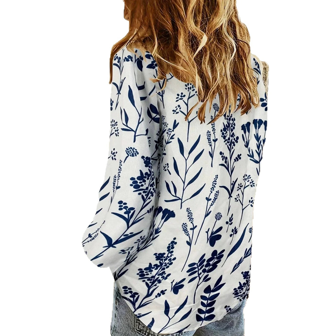 Damen nan lockere Leinenoptik-Bluse mit V-Ausschnitt botanischem Alloverprint und Dreiviertelärmeln R&B