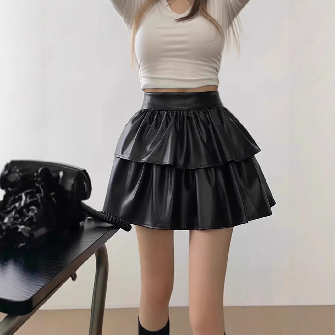 Damen Mini-Rock mit voluminösem Stufen-Design aus hochwertigem Kunstleder R&B