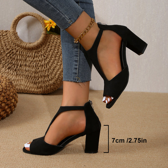 Damen nan elegante T-Spangen Sandaletten mit komfortablem Blockabsatz und Rückreißverschluss R&B
