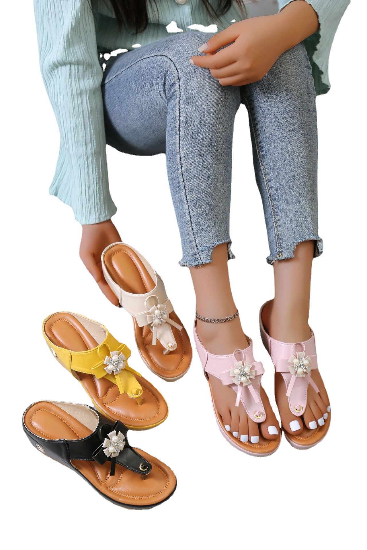 Damen Plateau-Sandalen mit dekorativem Blumendesign und komfortablem Fußbett R&B