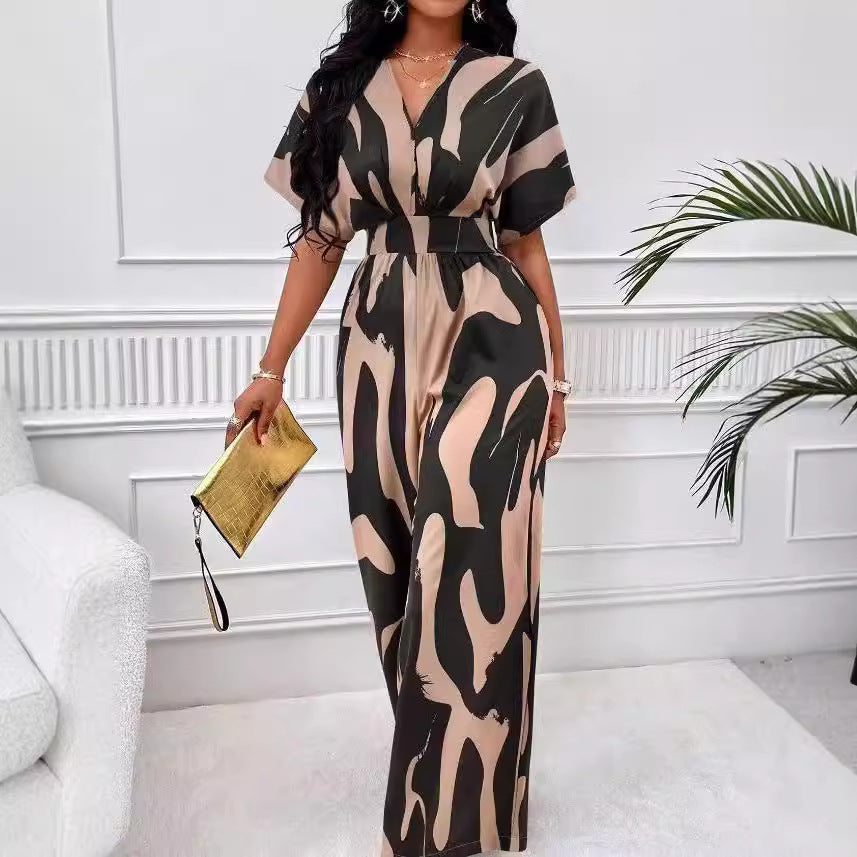 Damen Eleganter Jumpsuit mit großflächigem Muster und V-Ausschnitt R&B