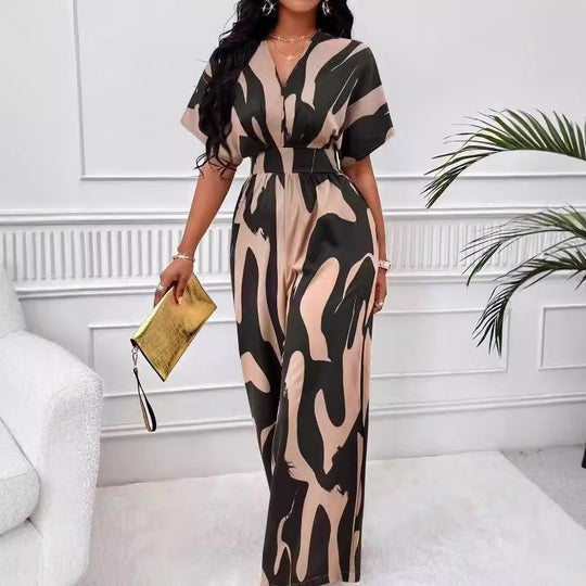 Damen Eleganter Jumpsuit mit großflächigem Muster und V-Ausschnitt R&B