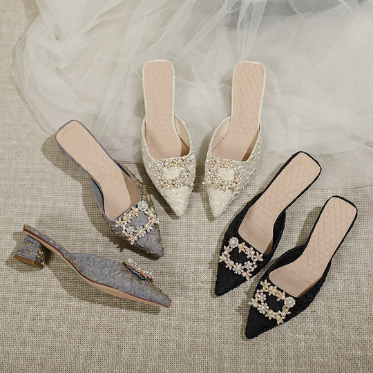 Damen elegante spitze Mules mit luxuriösem Schmuckdetail R&B