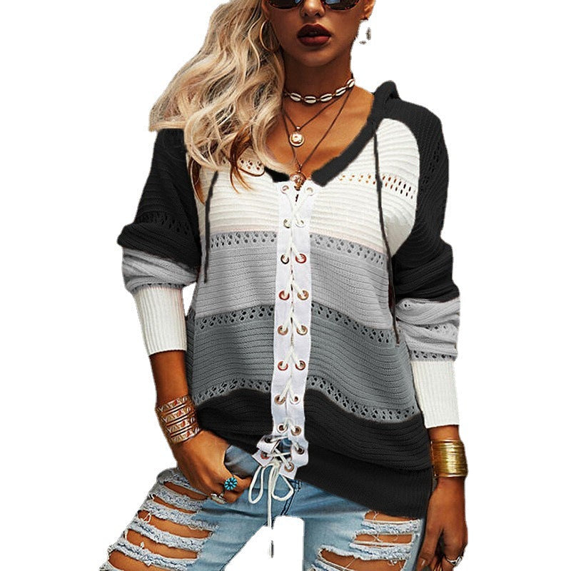 Damen Grobstrick Pullover mit Kapuze und modischem Linienmuster R&B