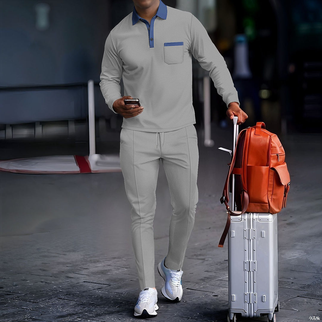 Herren nan Reise-Set aus Strukturjersey mit Langarm-Poloshirt, Brusttasche und schmal zulaufender Kordelzughose R&B