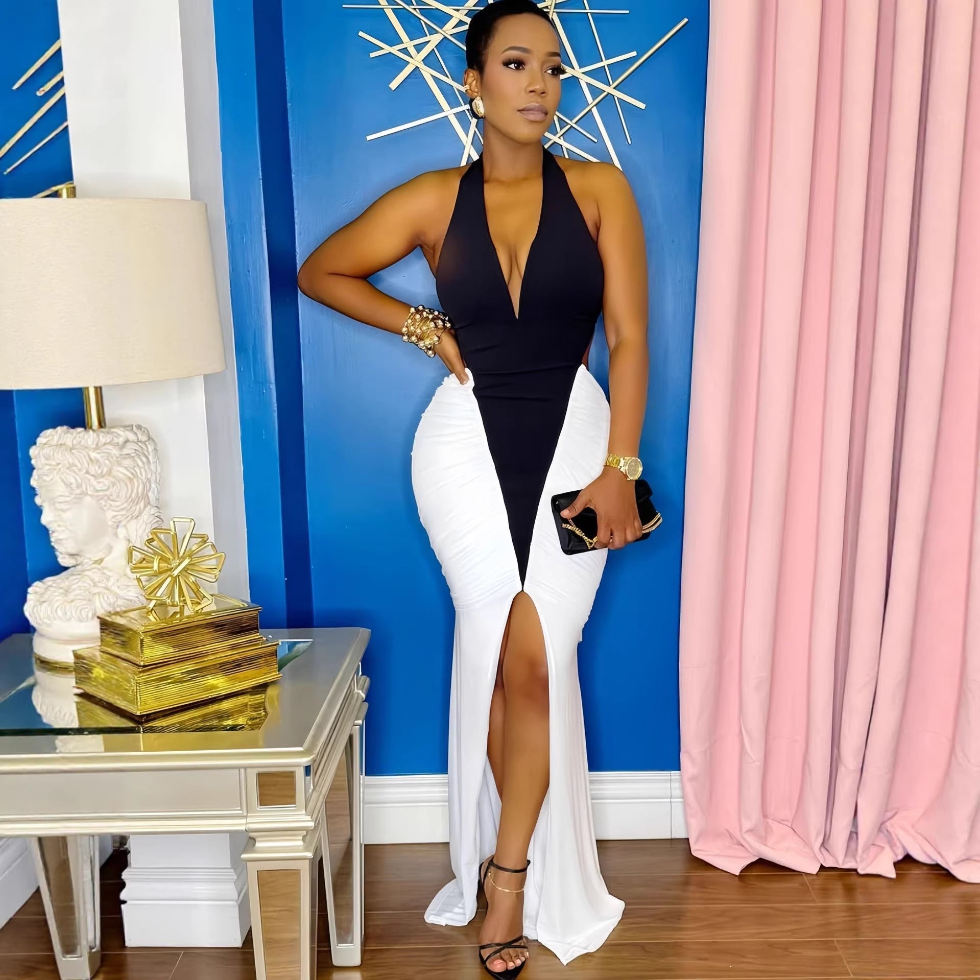 Damen Elegantes und figurbetontes Maxikleid mit Schlitz und Raffungen R&B