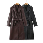 Damen Kunstleder Trenchcoat mit Taillengürtel und eleganter Taschennaht R&B
