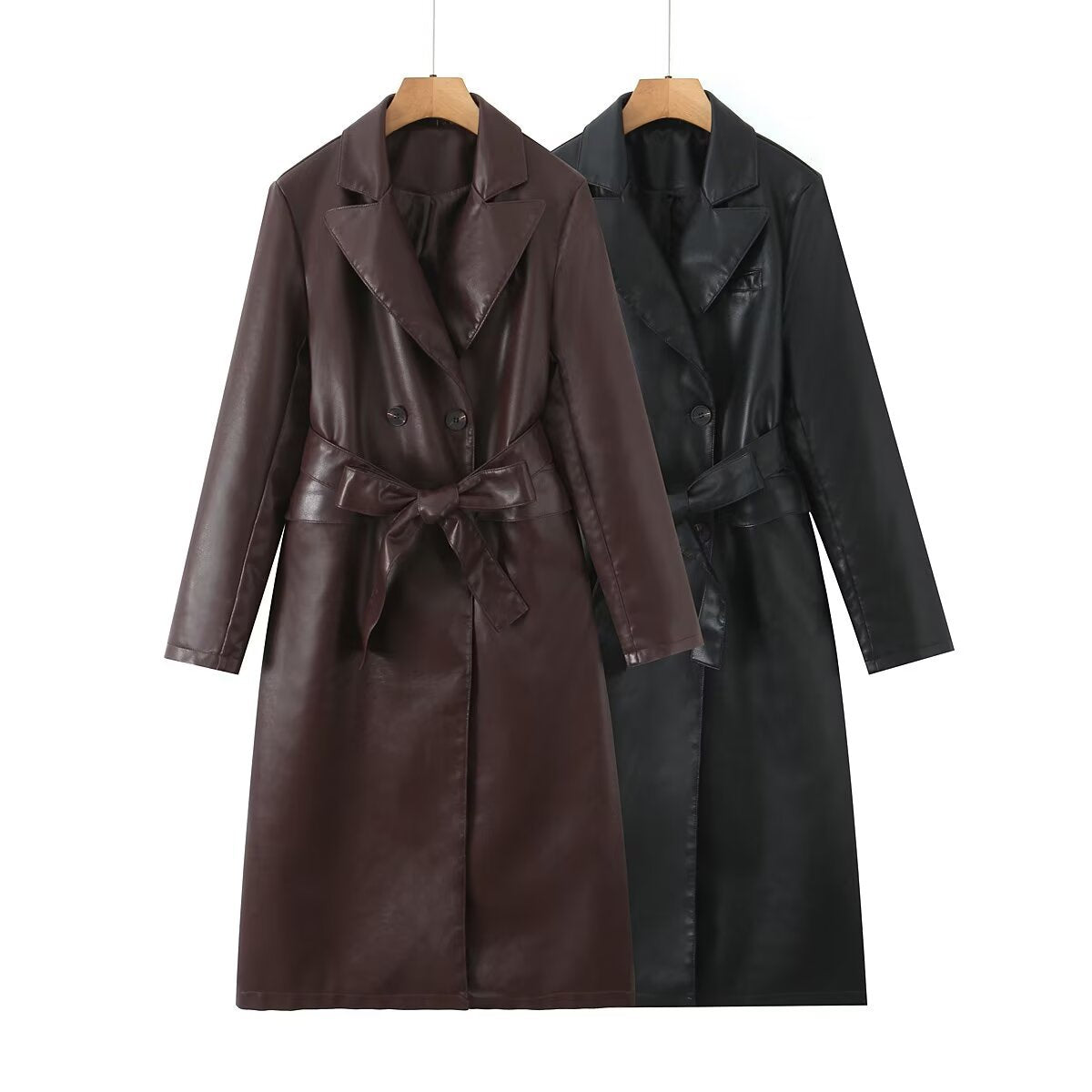 Damen Kunstleder Trenchcoat mit Taillengürtel und eleganter Taschennaht R&B
