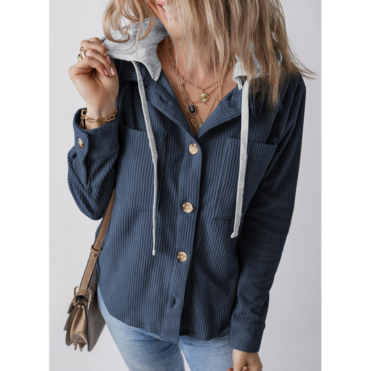 Damen lässige Hemdjacket mit Kapuze und seitlichen Taschen R&B