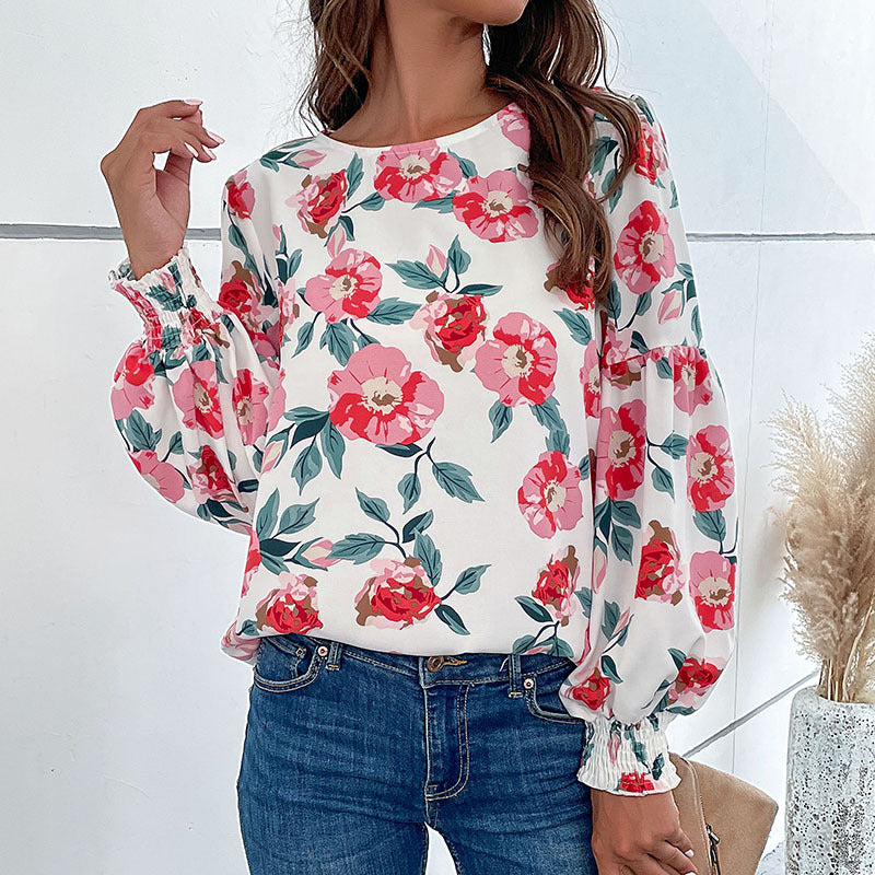 Damen Bluse mit floralen Mustern und voluminösen Ärmeln R&B