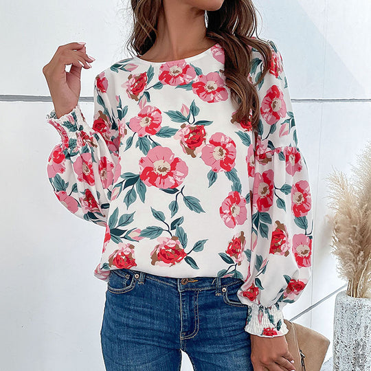 Damen Bluse mit floralen Mustern und voluminösen Ärmeln R&B