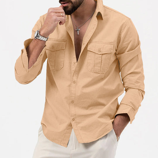 Herren nan legeres Baumwoll-Twill-Hemd mit aufgesetzten Brustklappen und Kentkragen R&B