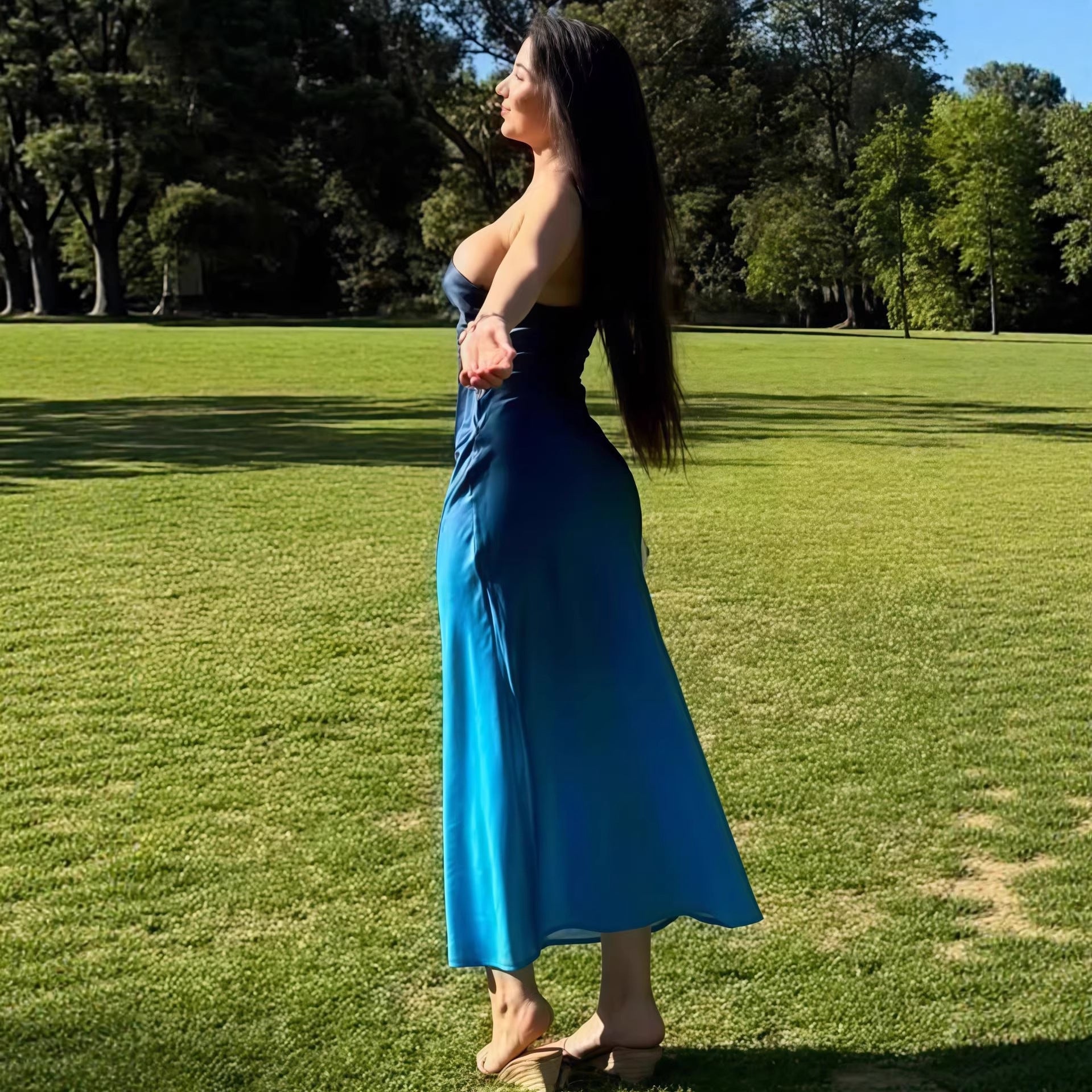 Damen lässiges Maxikleid mit elegantem Halterneck und einzigartigem Farbverlauf R&B