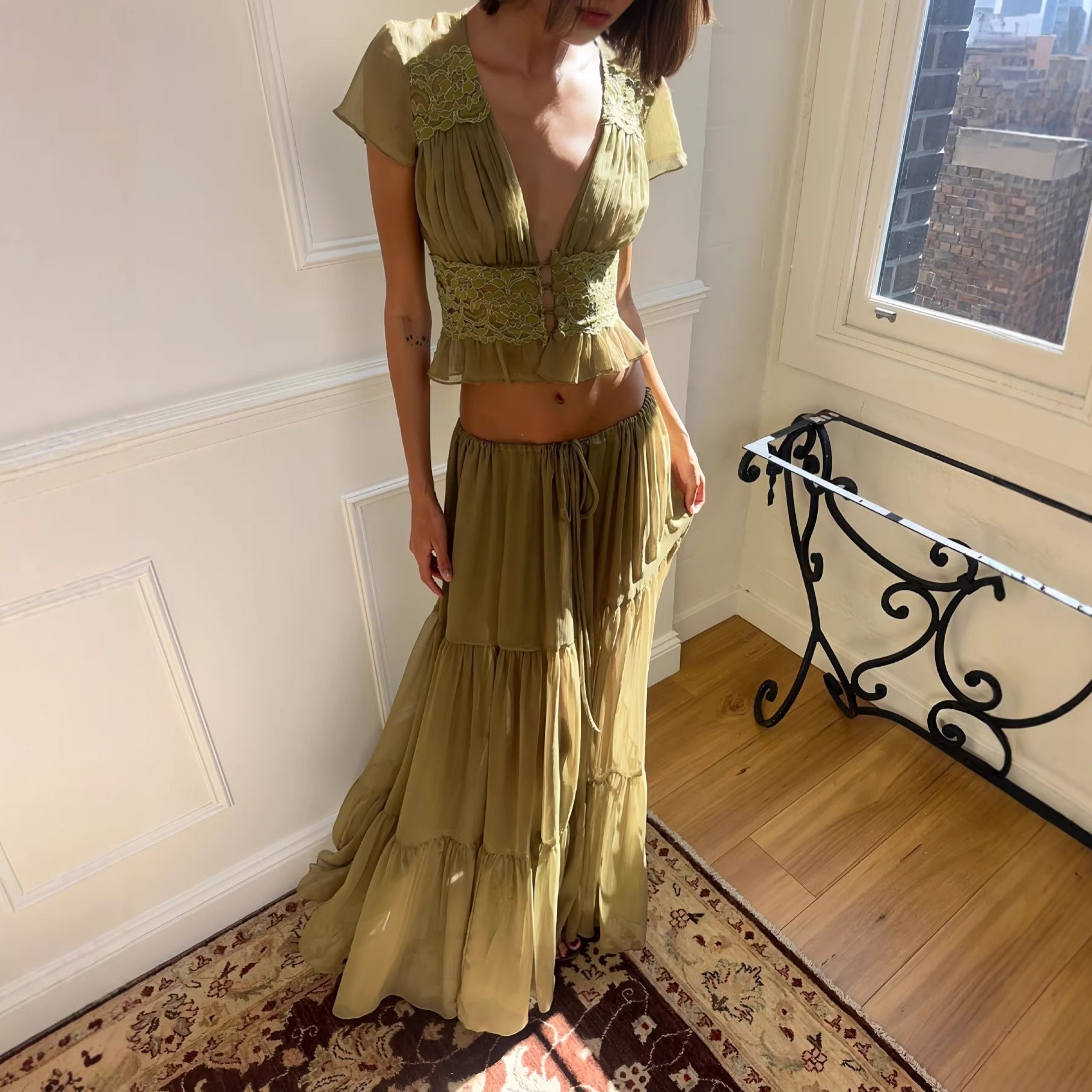 Damen Luftiges Maxikleid mit eleganten Rüschen und transparenter Optik R&B