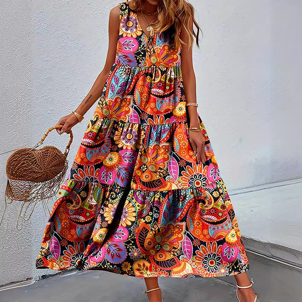 Damen nan stufenförmiges Boho-Maxikleid mit V-Ausschnitt und geraffter Unterbrustnaht R&B