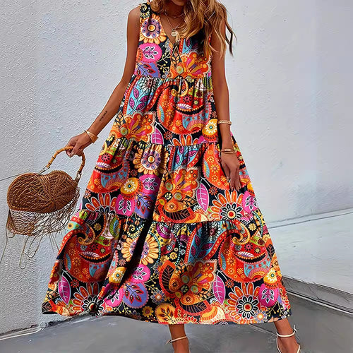 Damen nan stufenförmiges Boho-Maxikleid mit V-Ausschnitt und geraffter Unterbrustnaht R&B