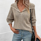 Damen stylischer Strickpullover mit tiefem V-Ausschnitt und überschnittenen Ärmeln R&B