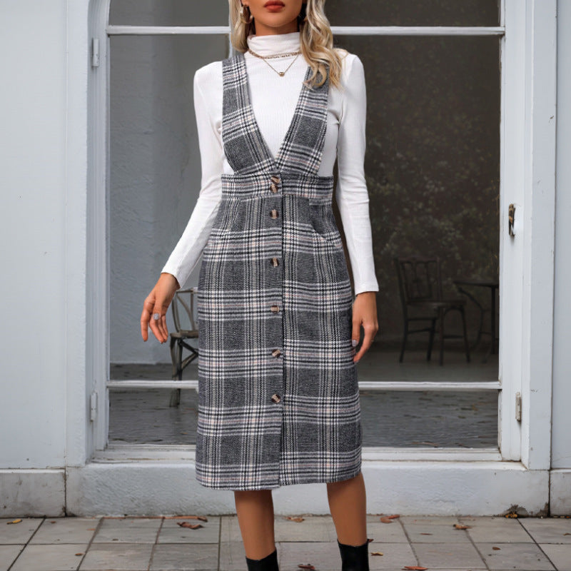 Damen Karierter Jumpsuit mit dezenter Knopfleiste und breiten Trägern R&B